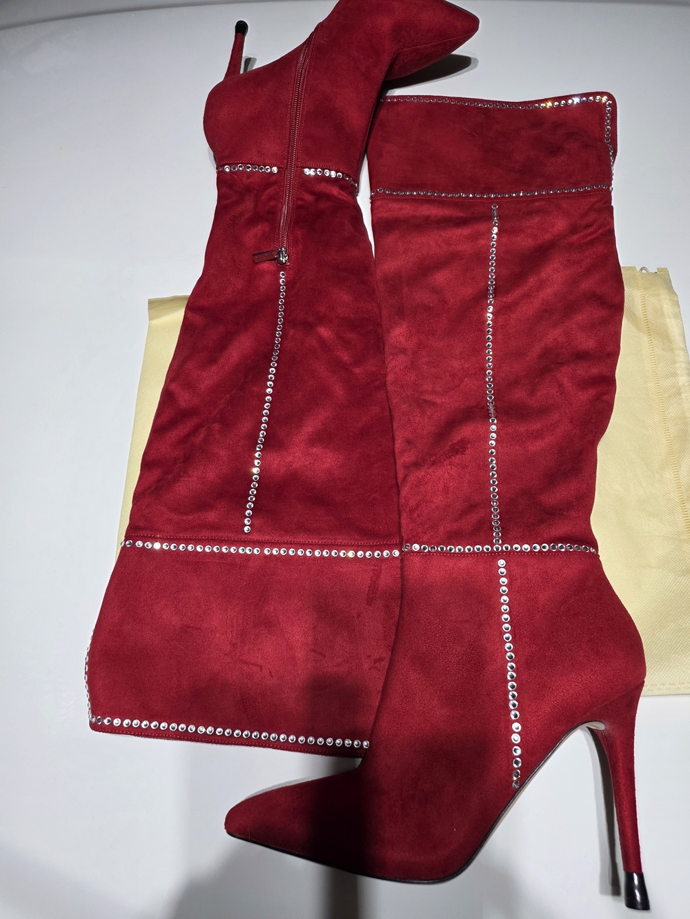 Jessica Simpson Red Suede Over-the-Knee Stiletto Boots with Rhinestone Trim
